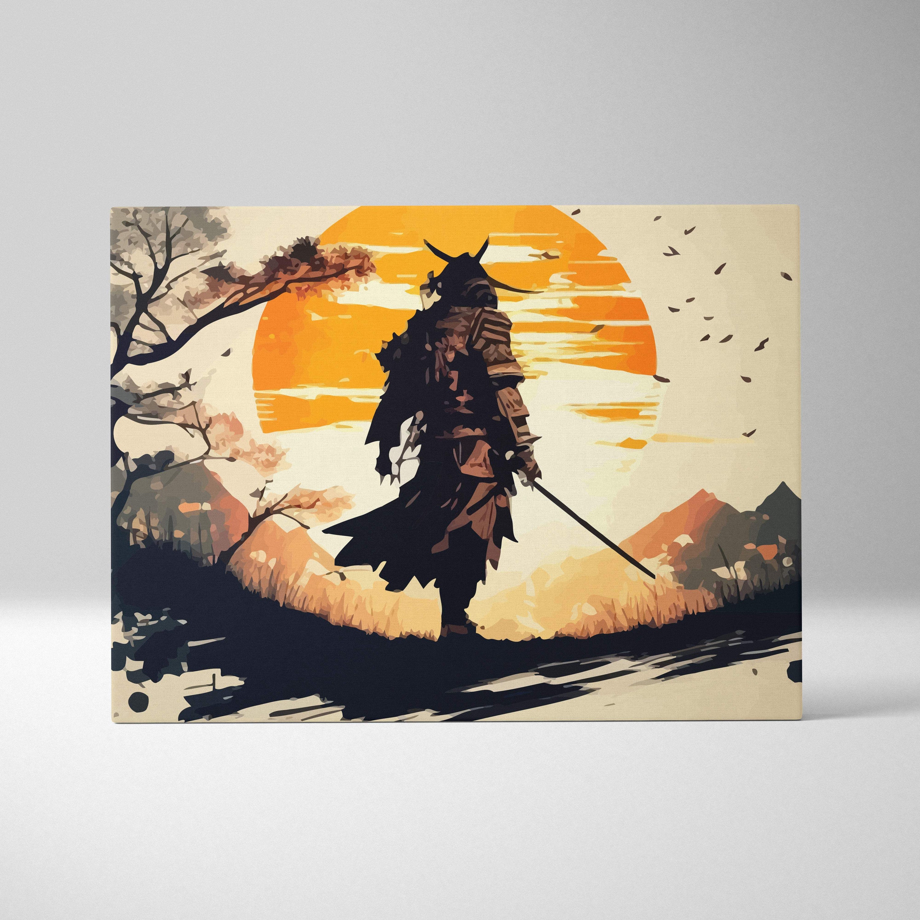 A rectangular canvas wall art print featuring a stylized samurai silhouette against an orange sun with soft watercolor trees and mountains