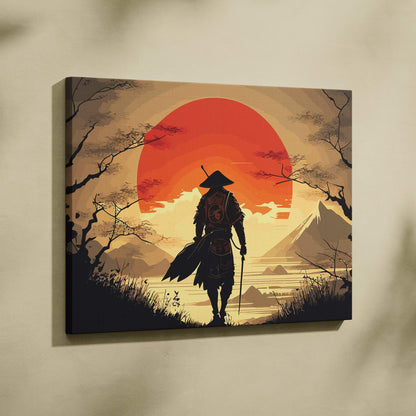 A framed canvas print of a silhouetted samurai against an orange sunset over mountains and water for zen decor