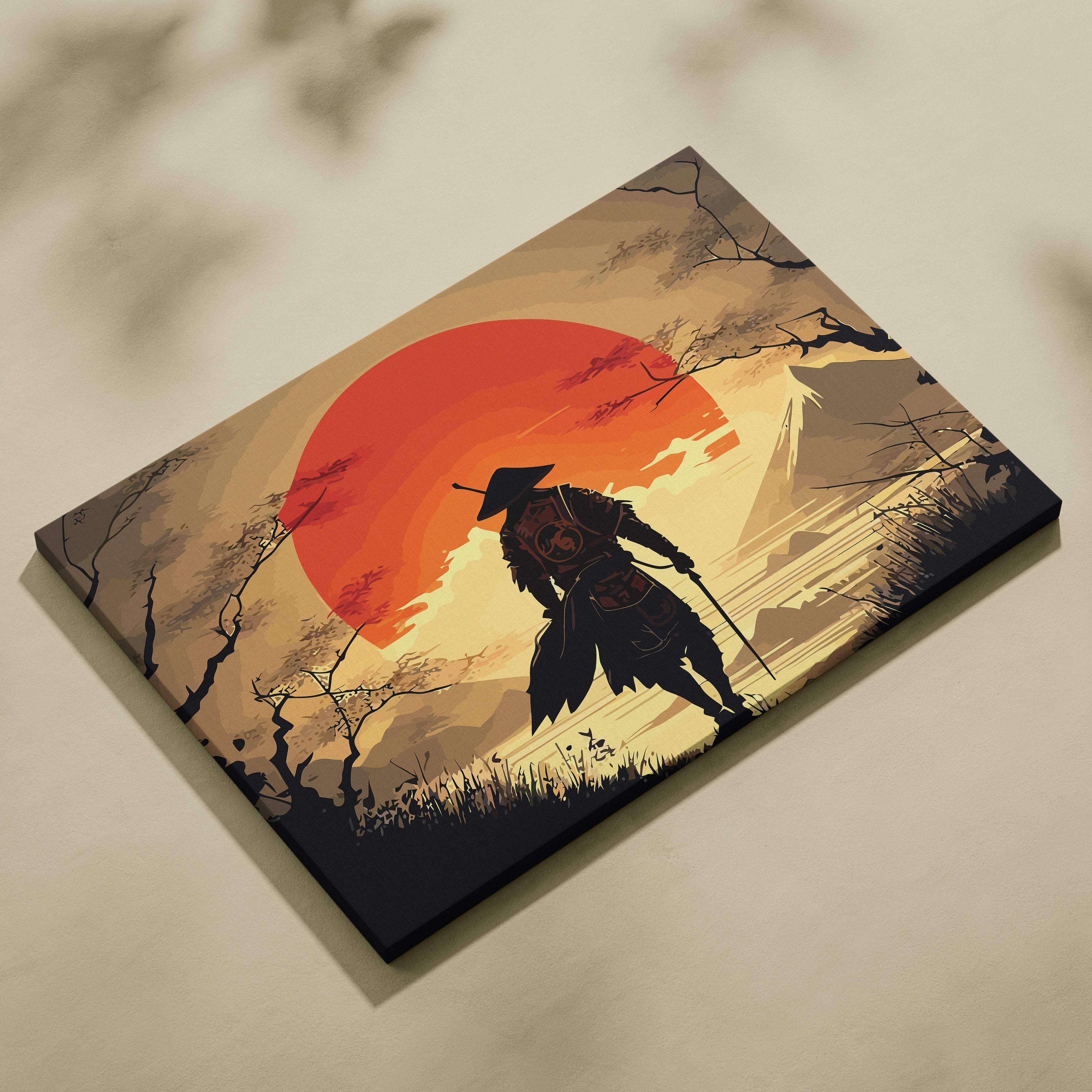 Samurai sunset landscape canvas wall art print featuring a stylized samurai silhouette against an orange sunset