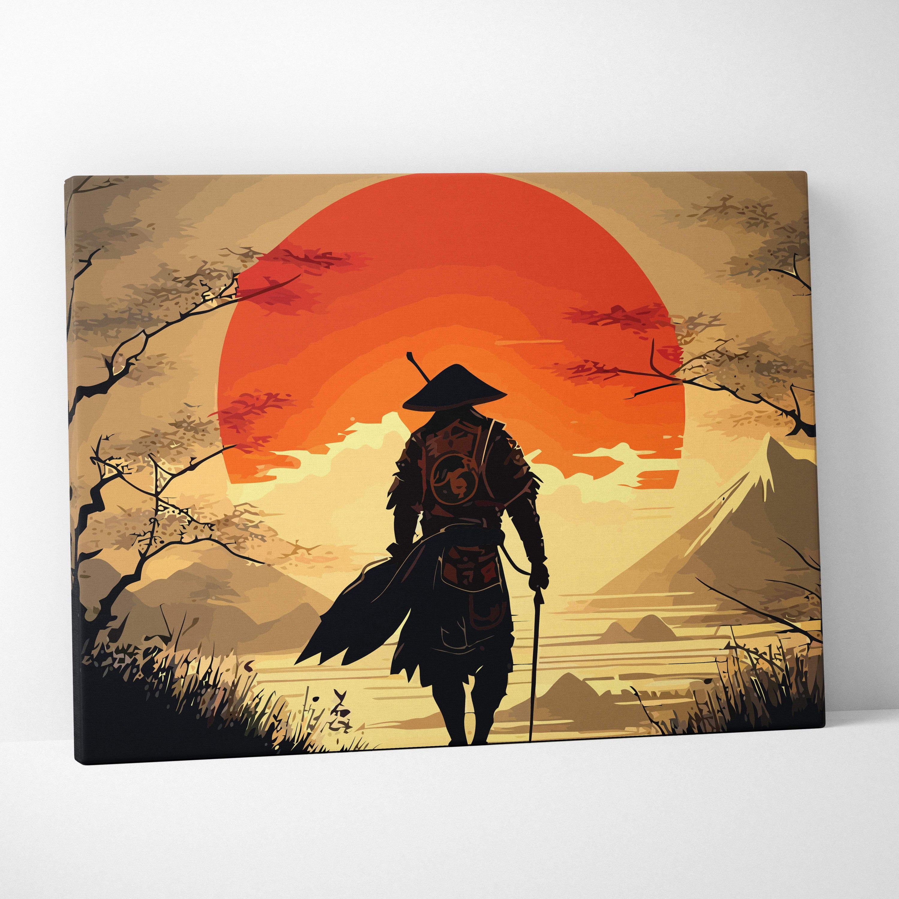 A framed canvas print featuring a silhouetted samurai against an orange sunset with mountains for zen decor