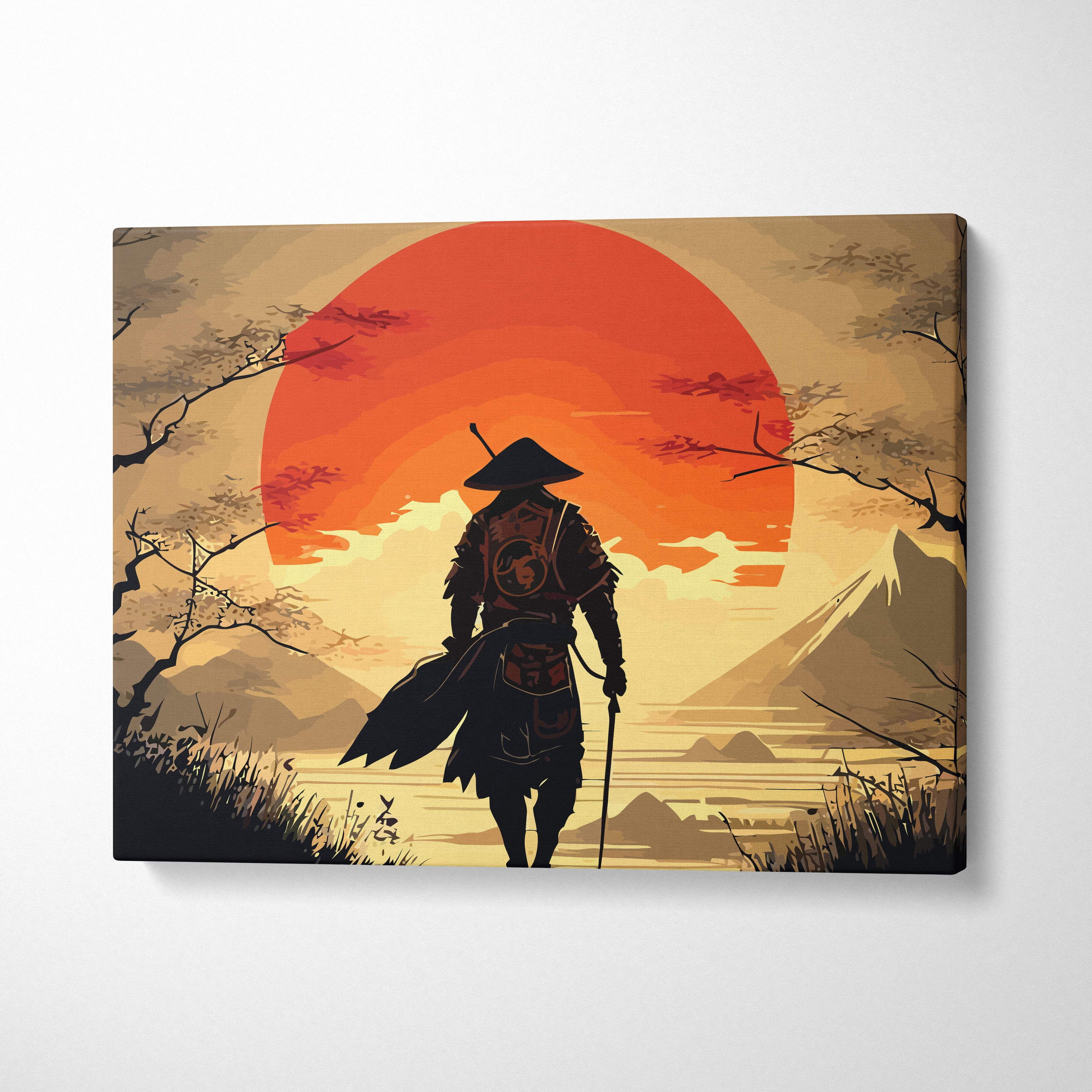 Canvas print of samurai silhouette in traditional armor against vibrant orange sunset over mountains and water