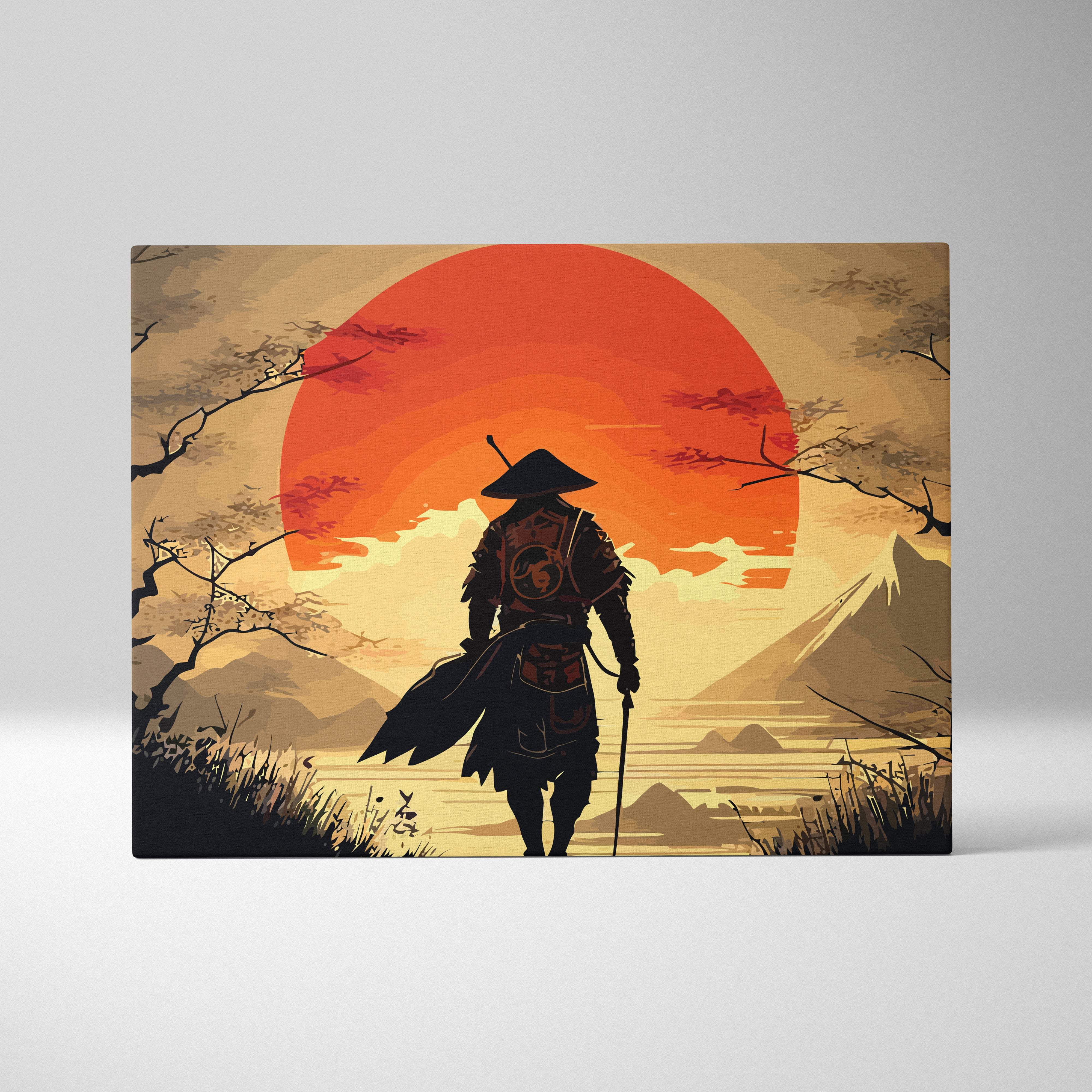 Stylized canvas print of a samurai silhouette against a vibrant orange sunset for zen living room or office decor