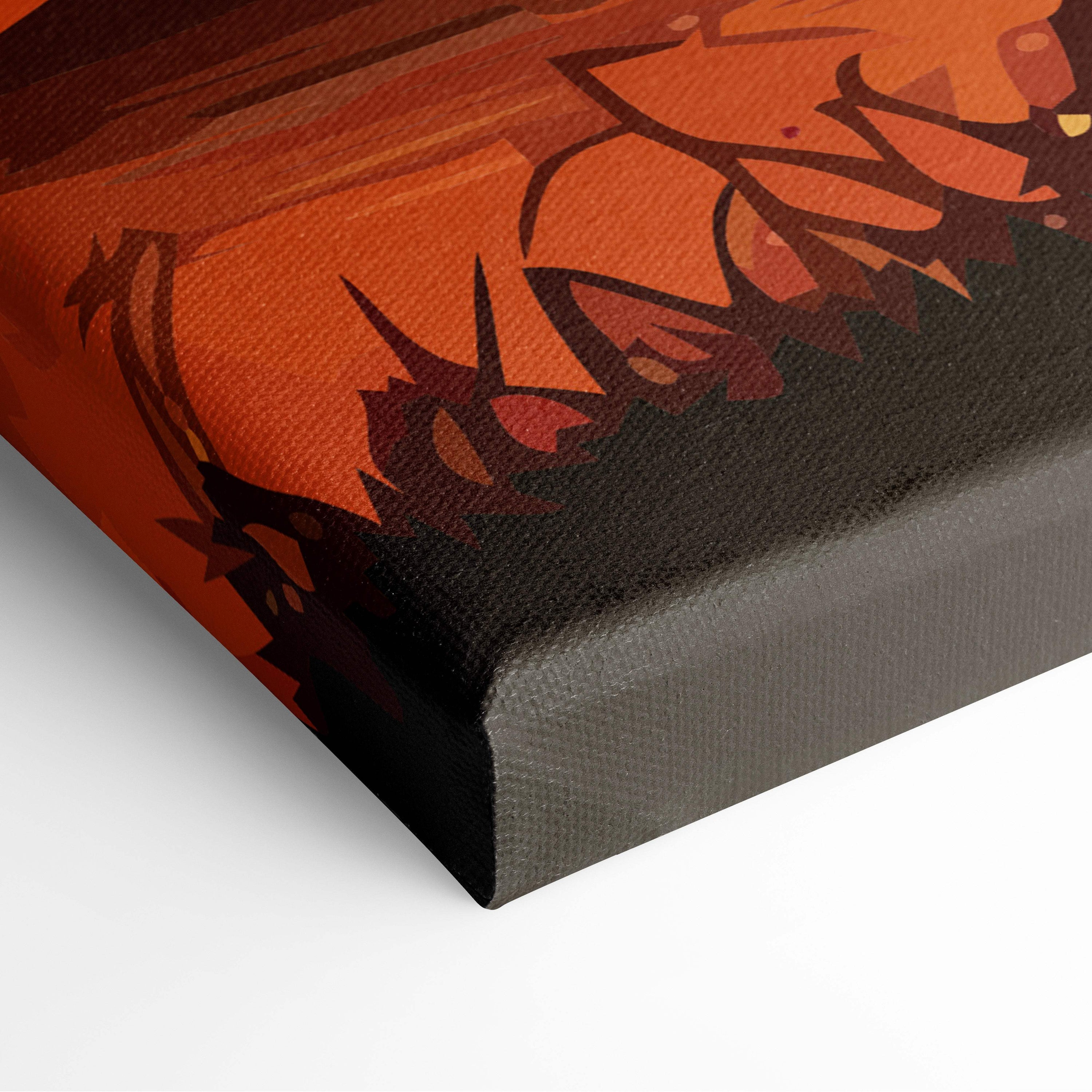 Samurai sunset canvas wall art print featuring orange and black stylized spiky foliage on a warm background