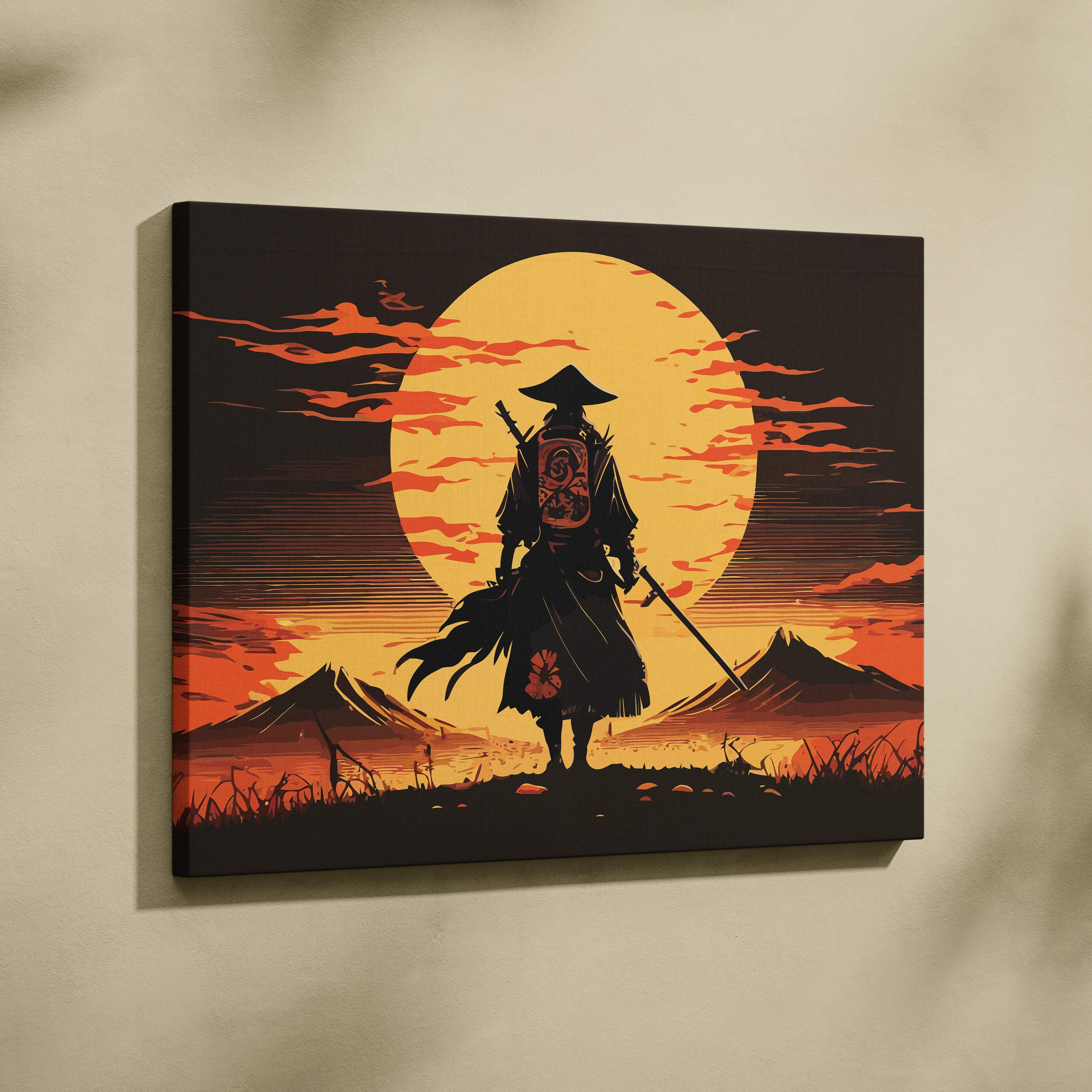 Samurai sunset canvas wall art print featuring a black samurai silhouette against an orange sunset with mountains
