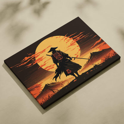 Black canvas print featuring a stylized samurai silhouette against an orange and yellow sunset for martial arts decor