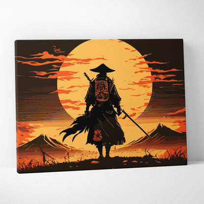 Stylized samurai sunset canvas wall art print with black and red warrior silhouette against large orange sun background