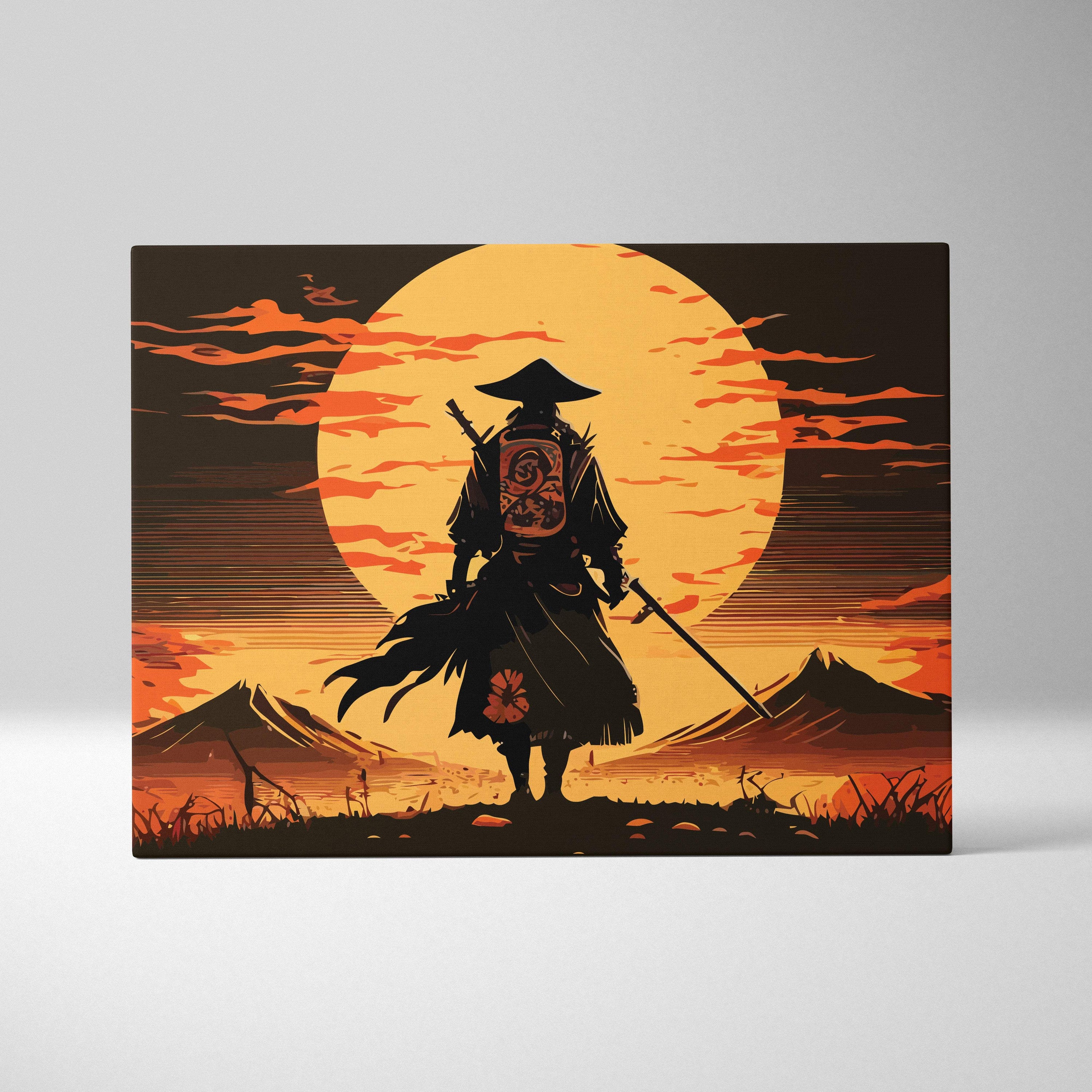 Rectangular samurai sunset canvas wall art print with black silhouette and orange mountains for martial arts decor
