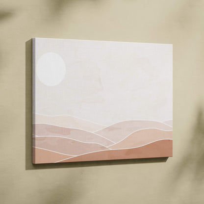 Boho minimalist desert canvas wall art with soft layered terracotta and beige hills under a pale white sun