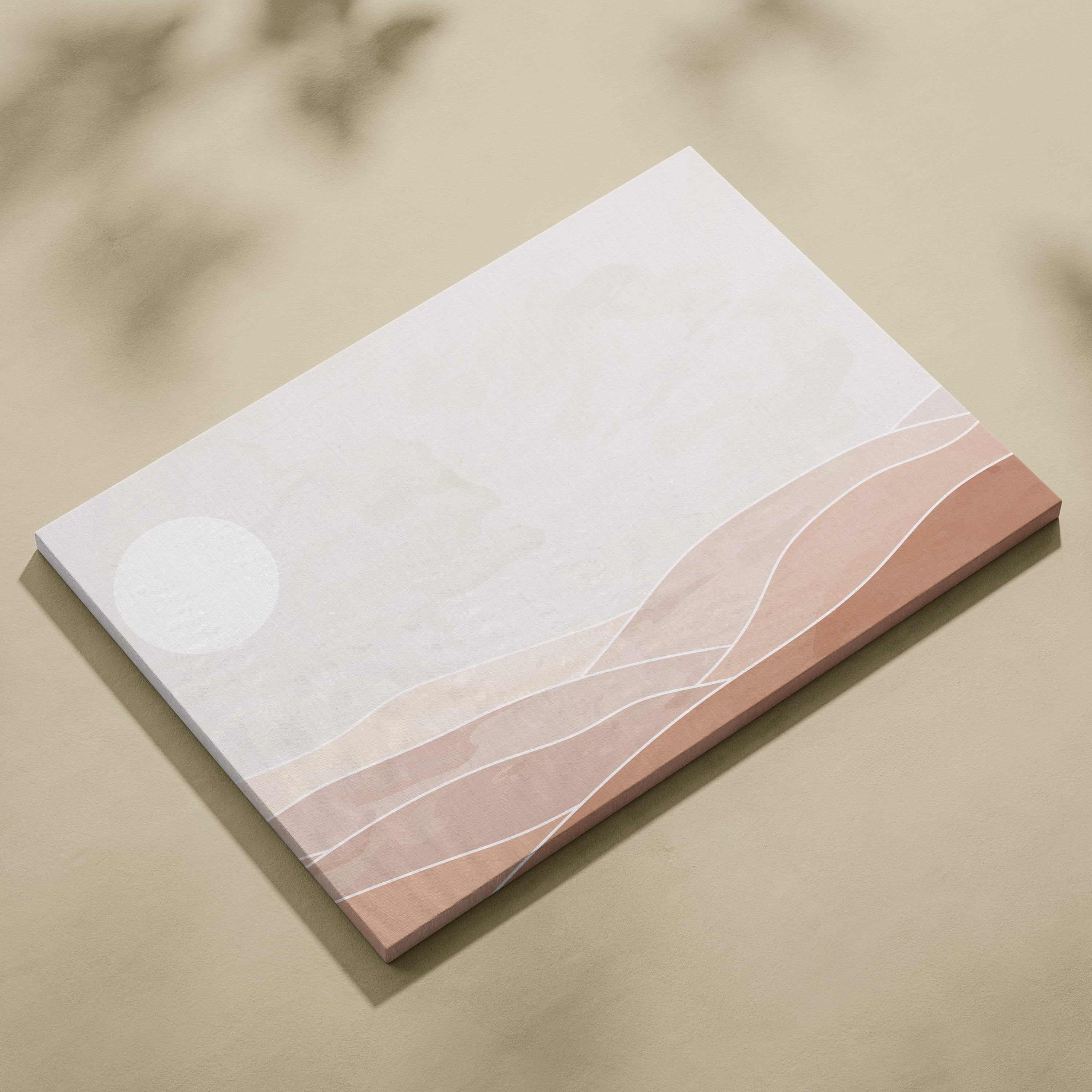 A minimalist rectangular notepad with soft blush pink and white abstract waves and subtle circular design details