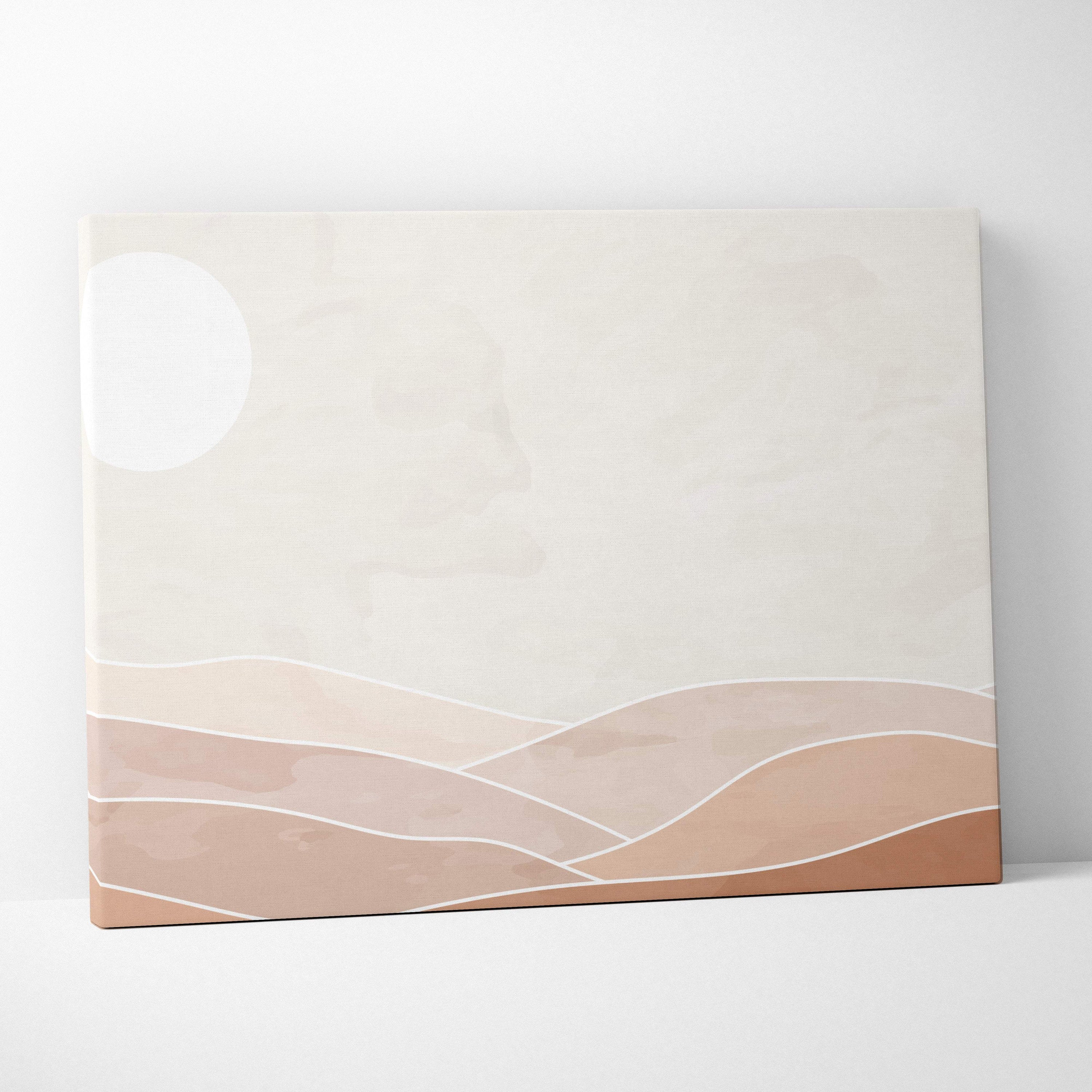 Boho minimalist desert canvas wall art featuring a stylized beige and tan desert landscape outlined in white for modern decor