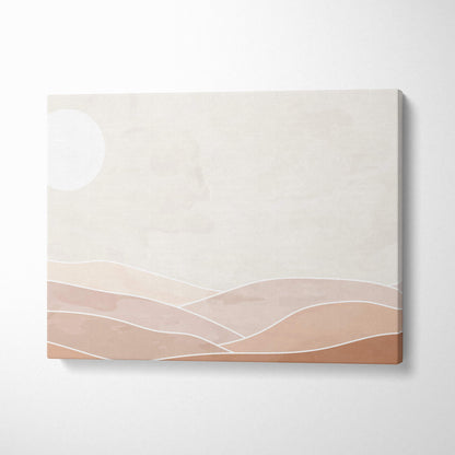 Boho minimalist desert canvas wall art with soft beige and terracotta hills under a pale sky with a white sun