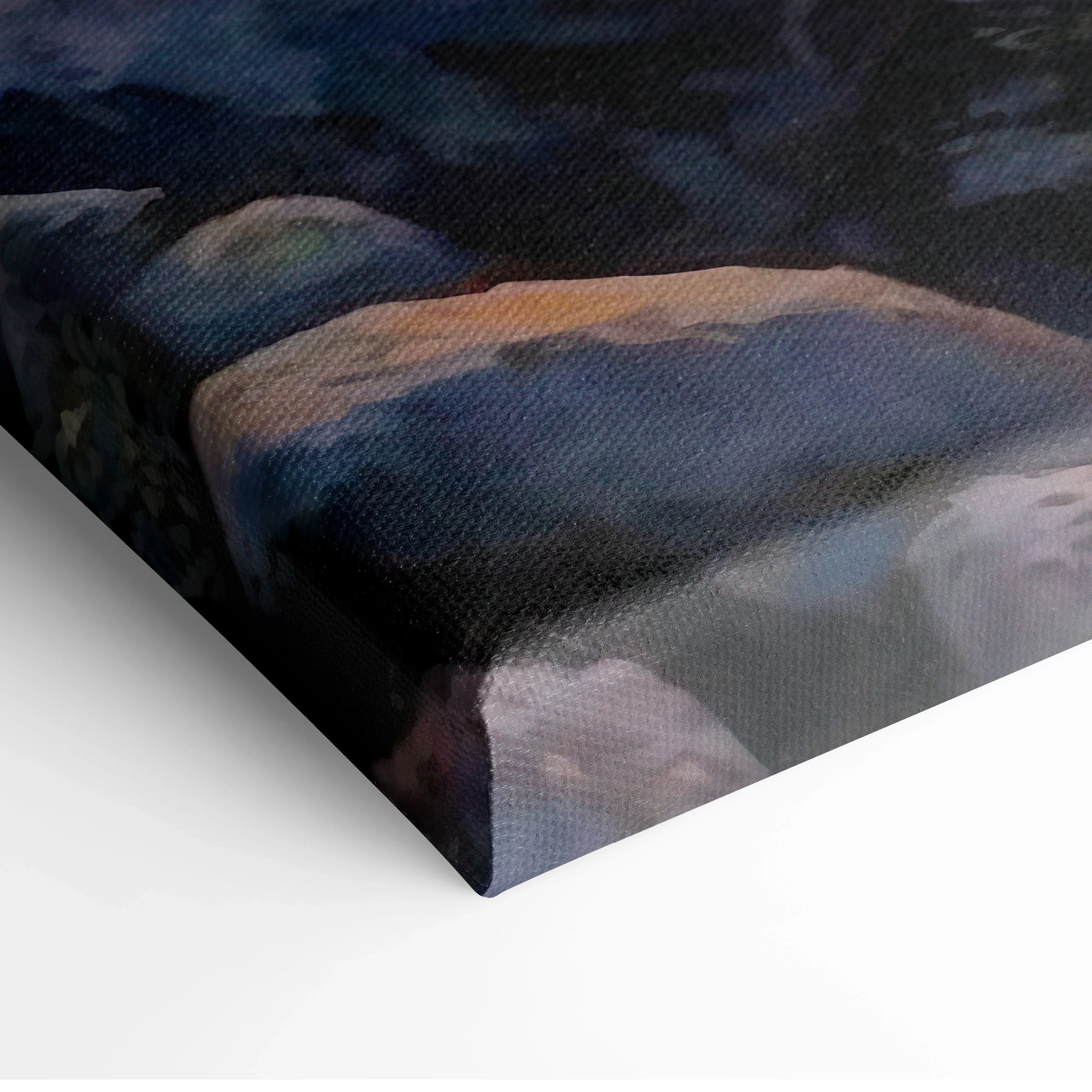 Canvas wall art featuring a watercolor forest sunset with deep blues and warm golden tones.