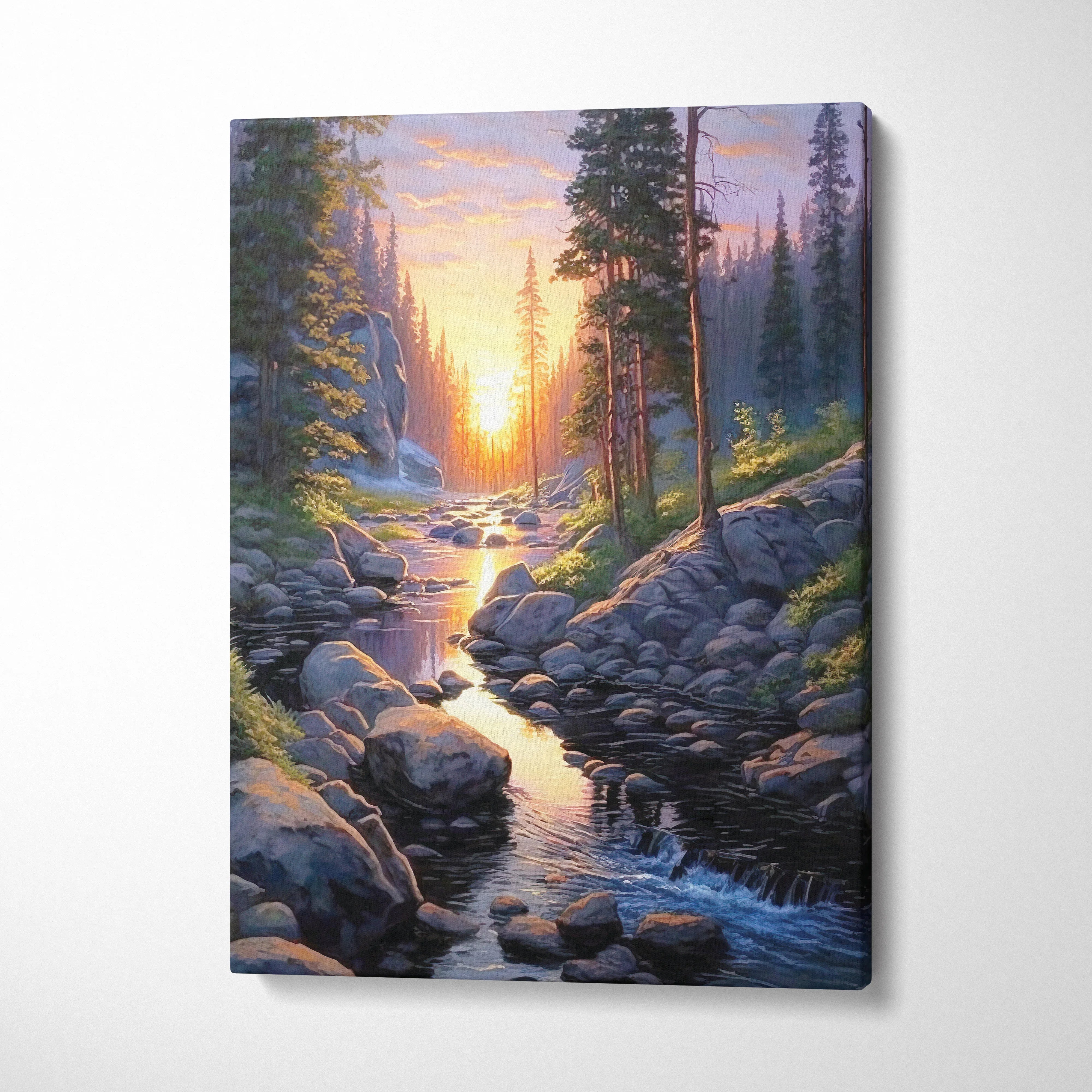 Vertical canvas wall art of a watercolor forest with a glowing sunset over a rocky stream.