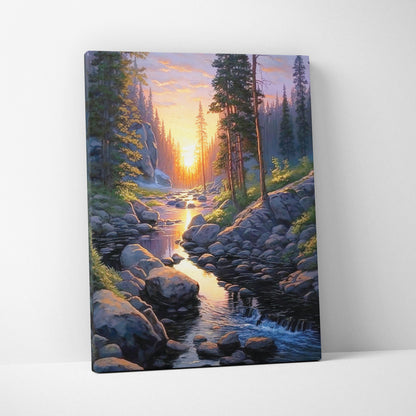 Watercolor forest sunset canvas wall art with sunlit river and tall pine trees in warm colors.