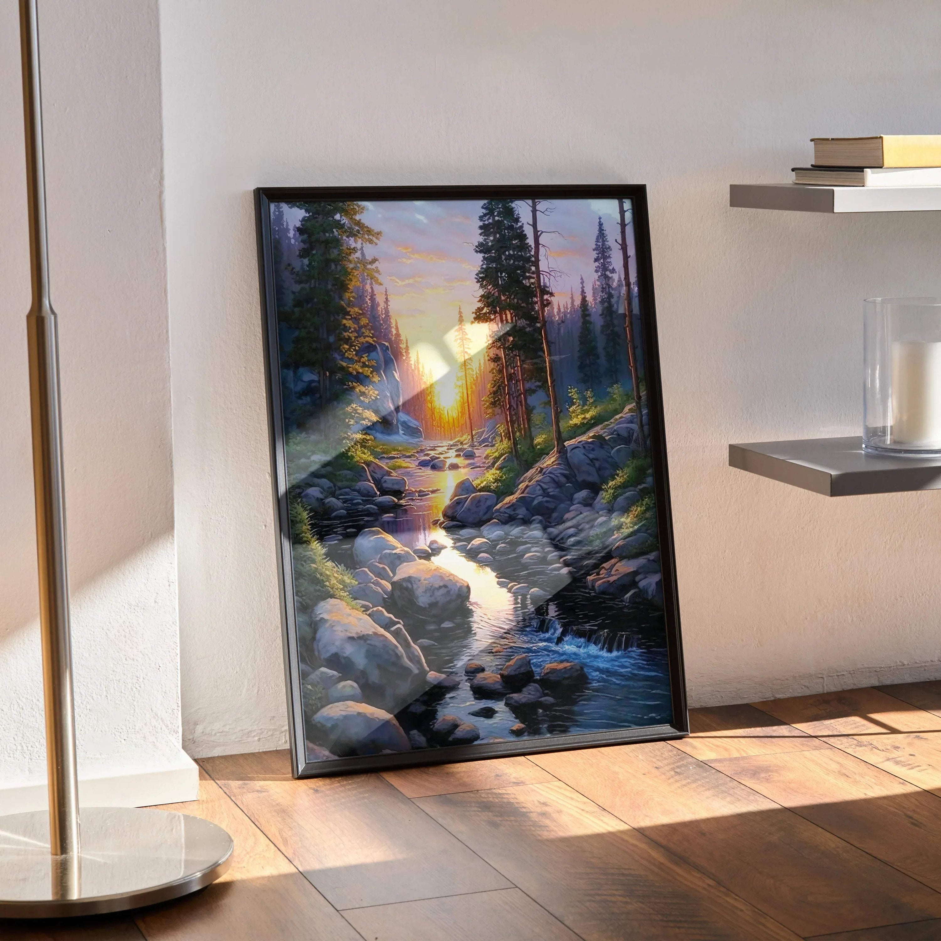 Serene nature watercolor landscape poster with forest and flowing stream wall art in vertical black frame.