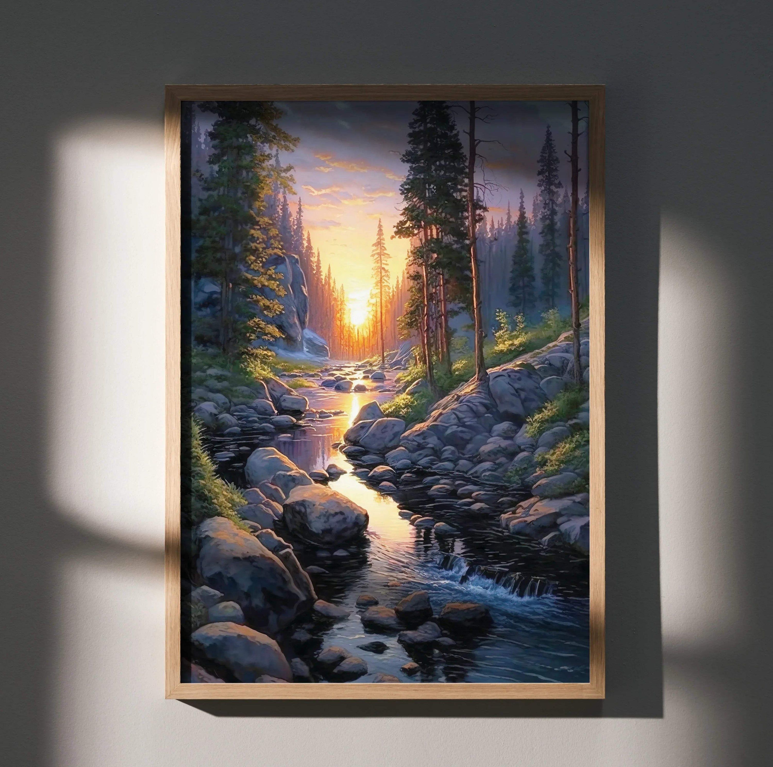 Vertical watercolor landscape poster of a glowing forest stream at sunset wall art.