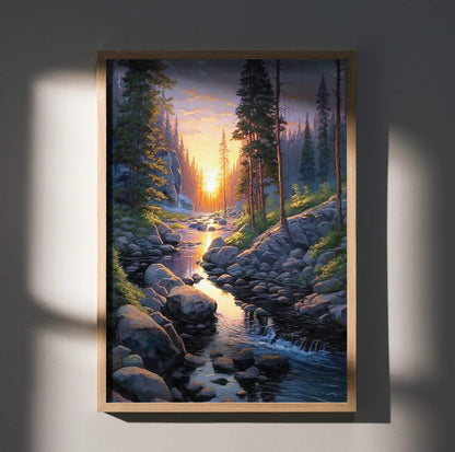 Vertical watercolor landscape poster of a glowing forest stream at sunset wall art.