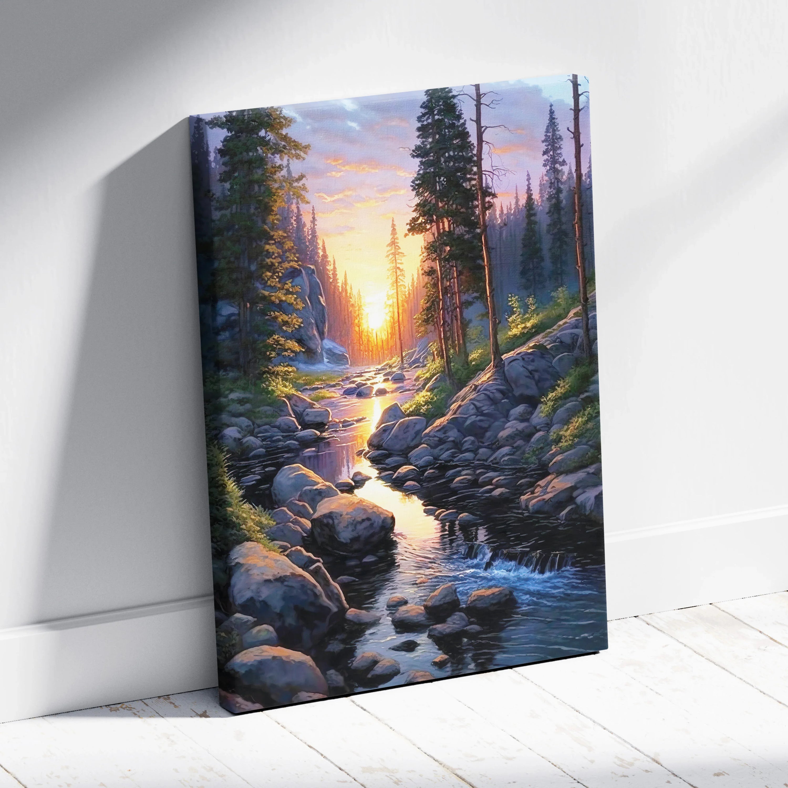Watercolor forest sunset canvas wall art featuring tall trees and a glowing river in a vertical layout.