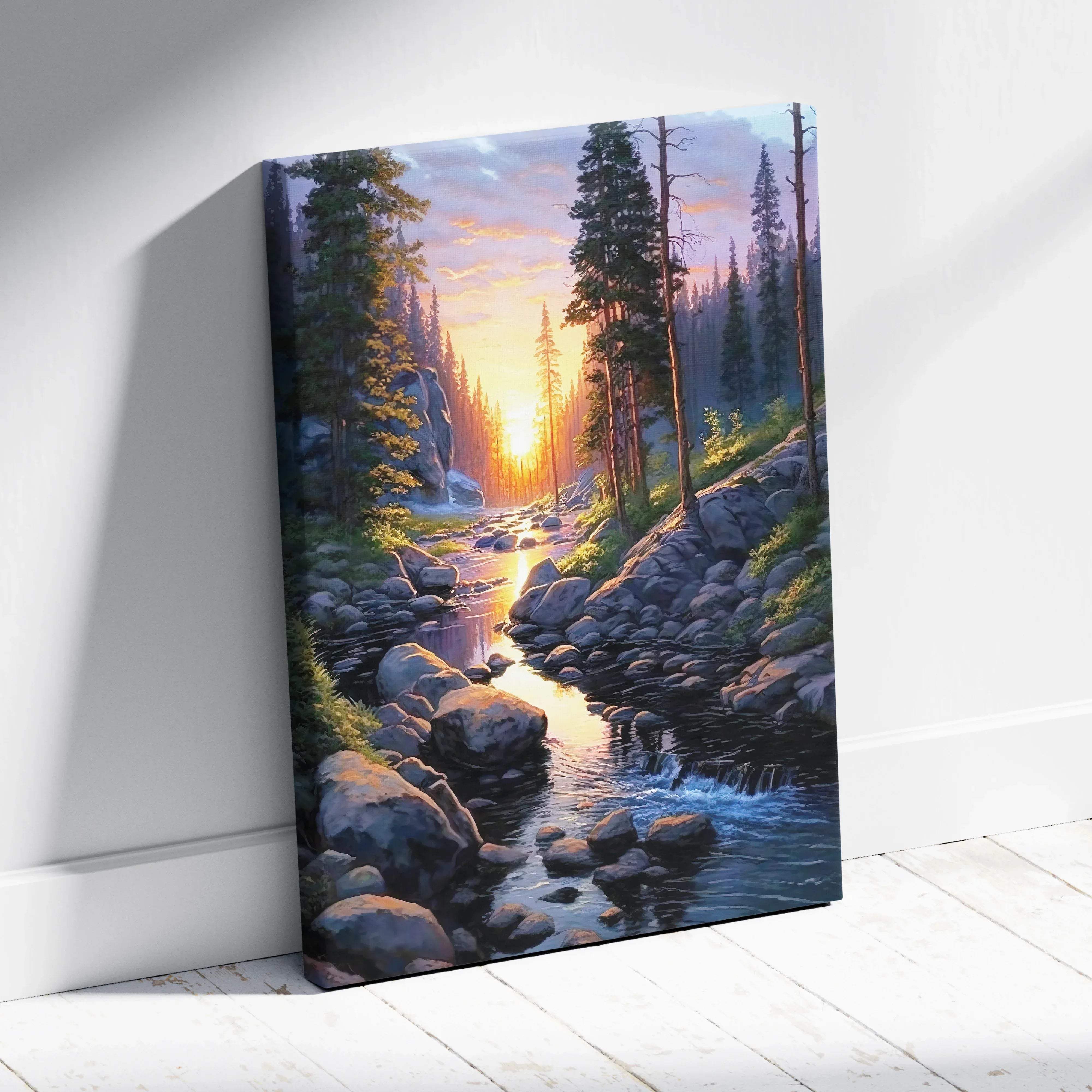 Watercolor forest sunset canvas wall art with warm golden hour glow over rocky river and vibrant forest stream