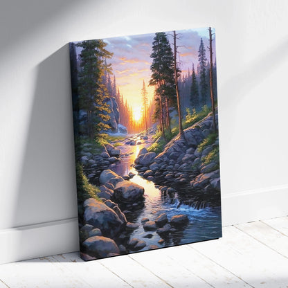 Watercolor forest sunset canvas wall art featuring tall trees and a glowing river in a vertical layout.