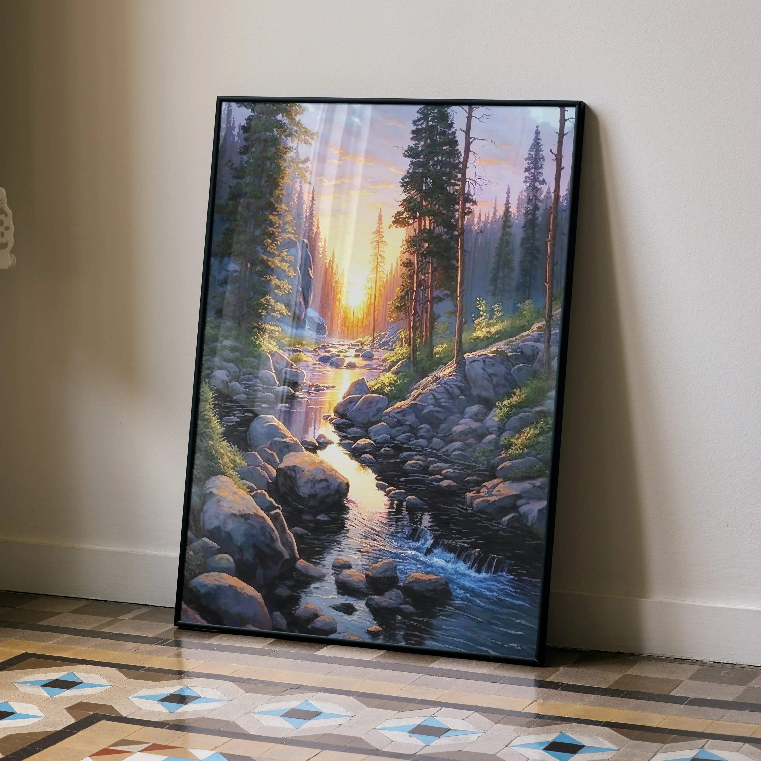 Serene nature watercolor landscape poster featuring forest and stream at sunset wall art.