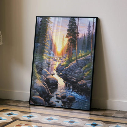 Serene nature watercolor landscape poster featuring forest and stream at sunset wall art.