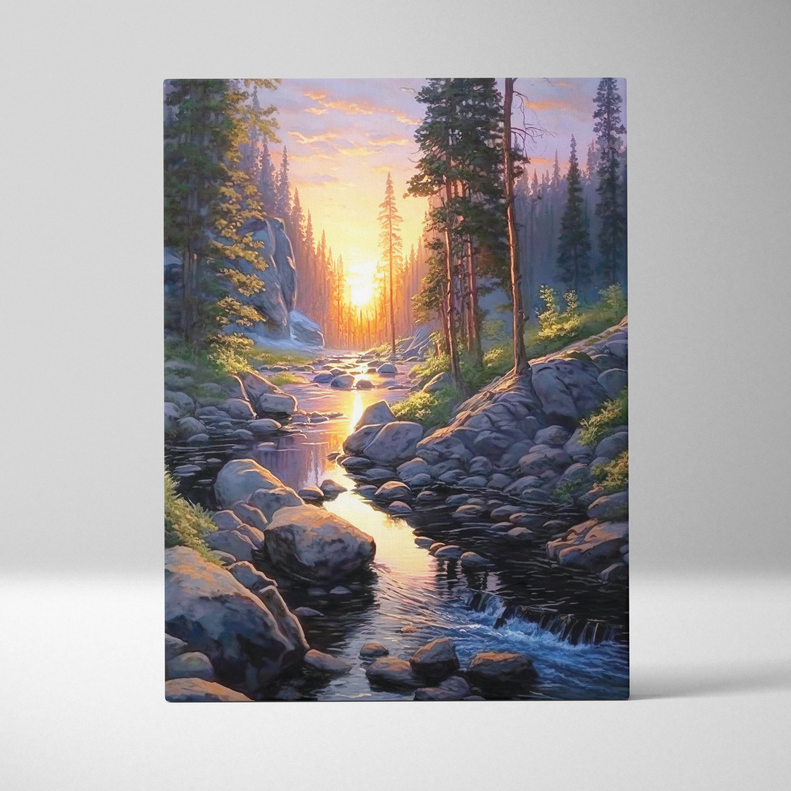 Vertical canvas wall art depicting a watercolor forest sunset with a glowing sun and a rocky stream flowing through trees.