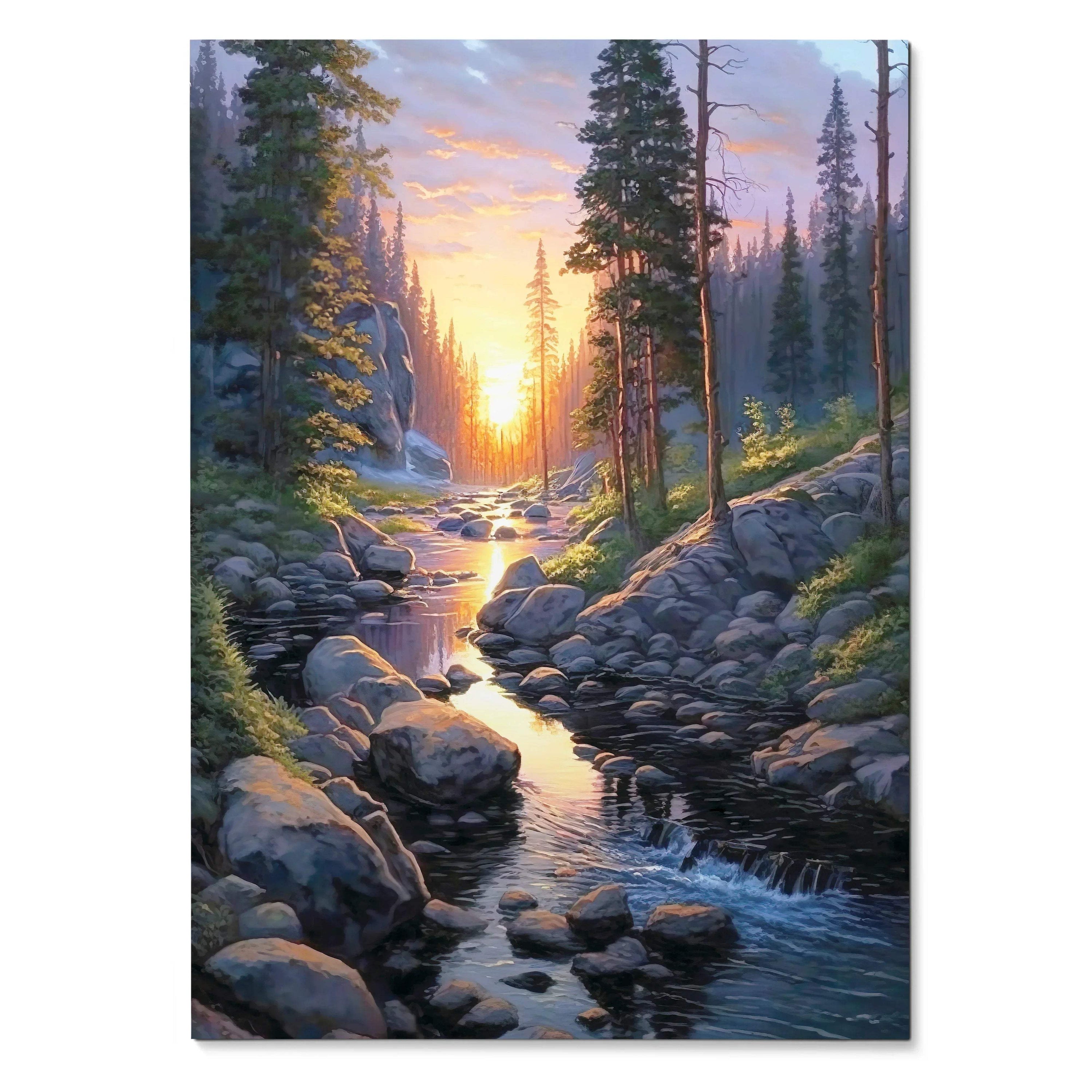 Vertical watercolor wall art poster depicting a forest stream at sunset with pine trees and rocky banks.