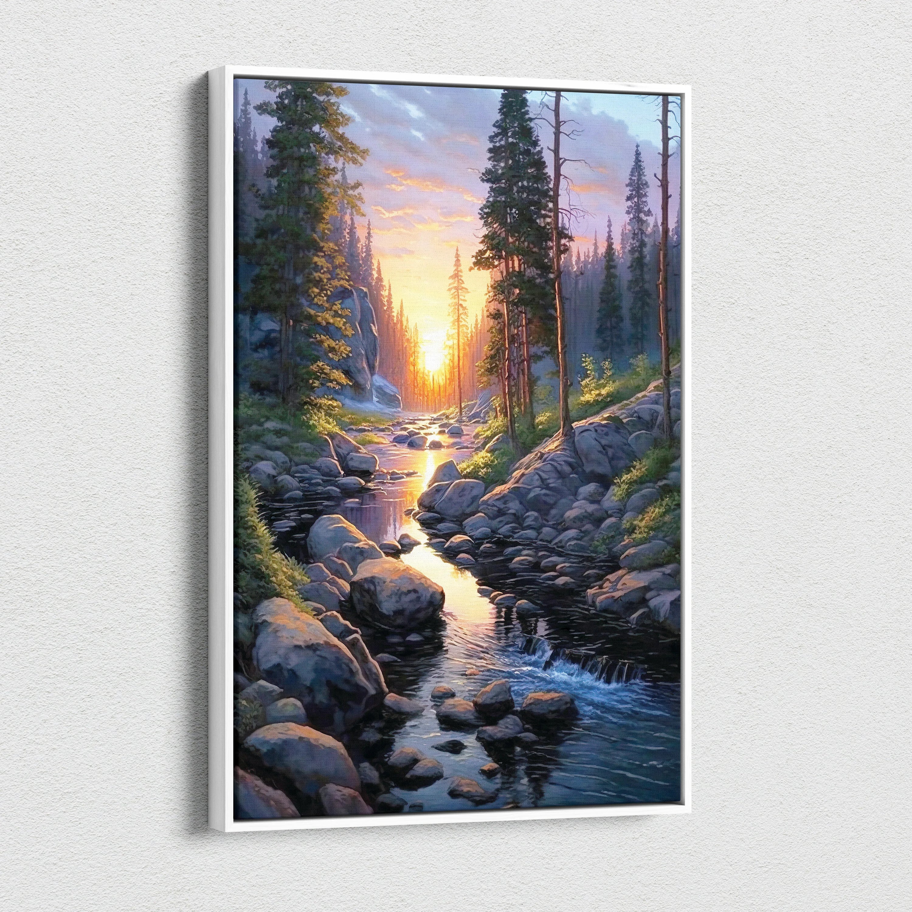 Vertical canvas wall art featuring a watercolor forest sunset with a glowing sun over a rocky stream.