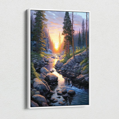 Vertical canvas wall art featuring a watercolor forest sunset with a glowing sun over a rocky stream.