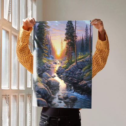 Vertical watercolor poster of a serene forest landscape with glowing sunset and flowing river wall art.