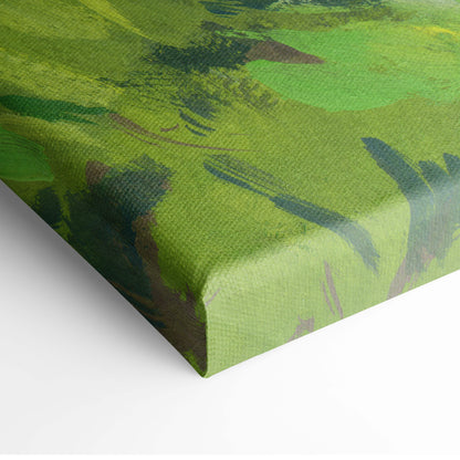 Daisy meadow canvas print featuring vibrant green abstract brushstrokes with earthy brown accents for wall art