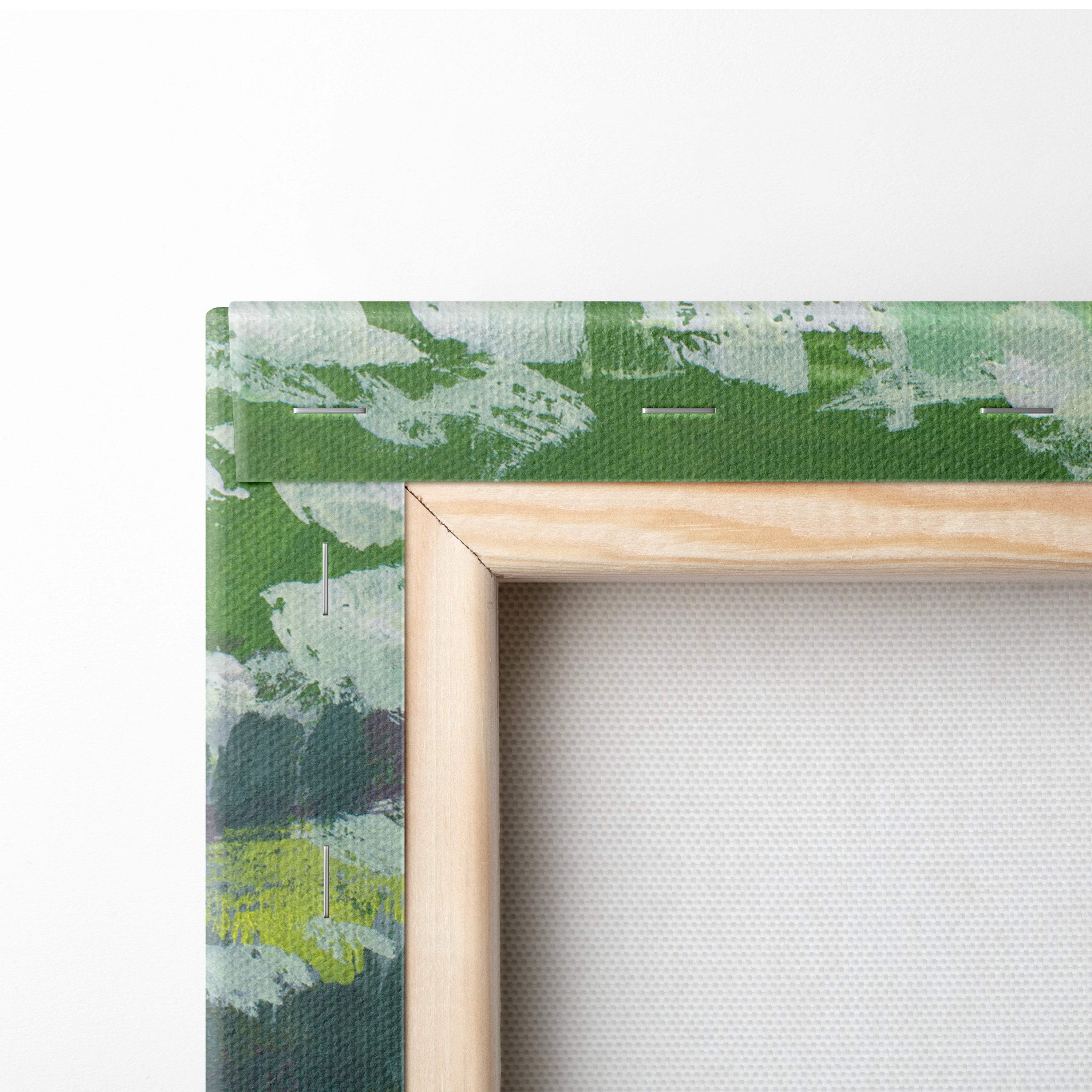 A light wood framed daisy meadow canvas print with green and white abstract floral brushstroke patterns for spring decor