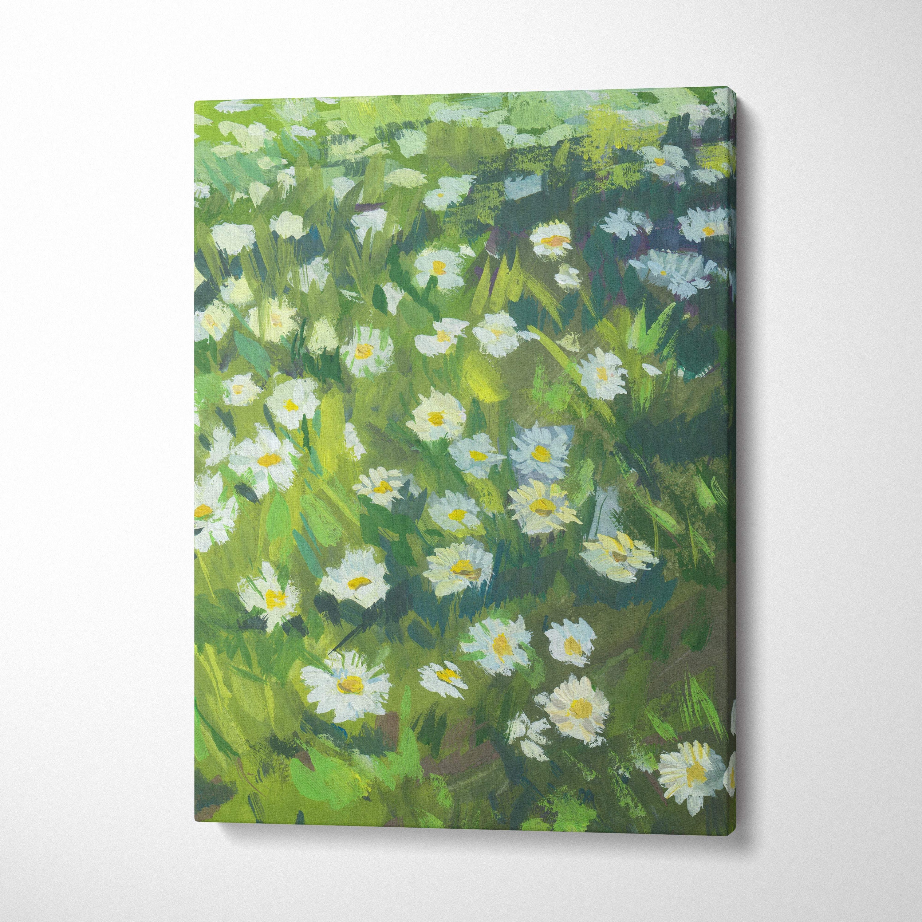 A vibrant daisy meadow canvas print with white flowers and green foliage in impressionist painting style wall art