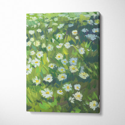 A vibrant daisy meadow canvas print with white flowers and green foliage in impressionist painting style wall art