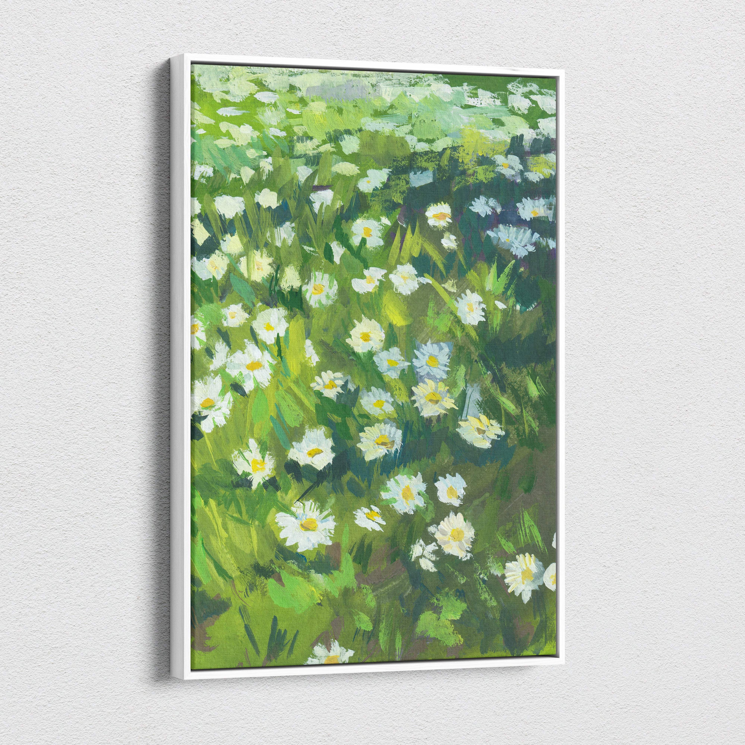 A framed daisy meadow canvas print featuring white daisies with yellow centers and green foliage in impressionist style