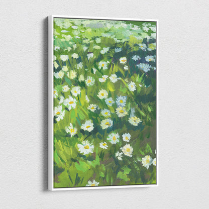 A framed daisy meadow canvas print featuring white daisies with yellow centers and green foliage in impressionist style