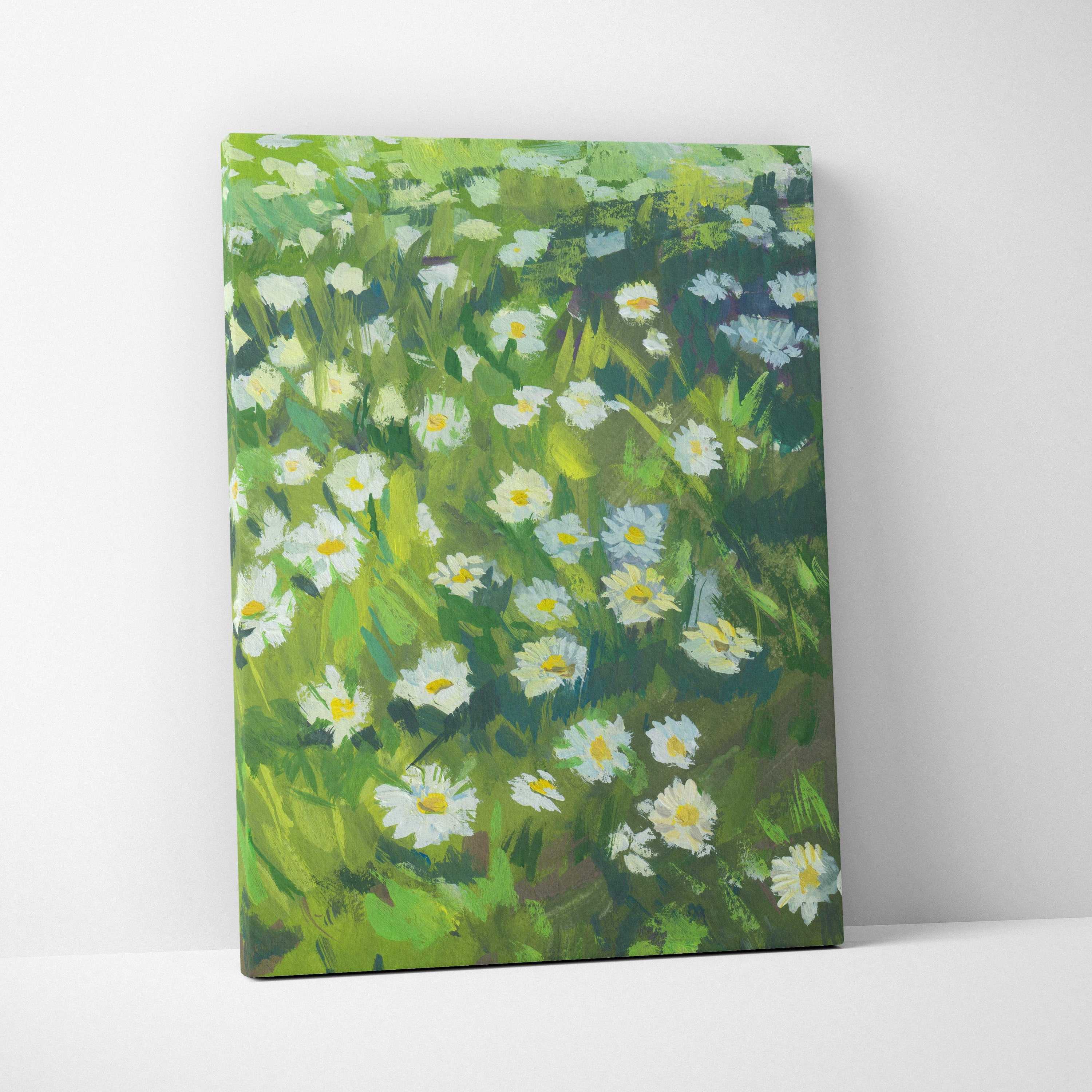 A vibrant daisy meadow canvas print featuring white daisies with yellow centers in green foliage impressionist style