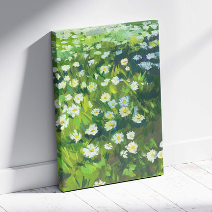 Daisy meadow canvas print featuring white daisies with yellow centers and green foliage in impressionist style wall art