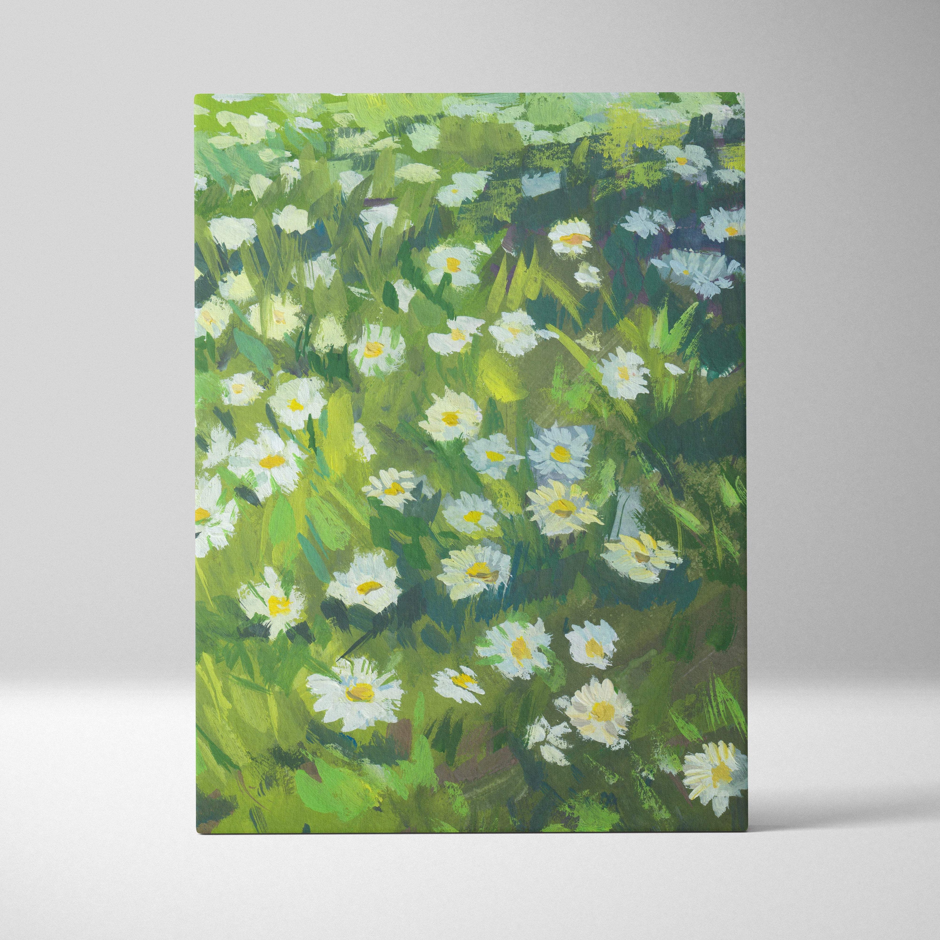 A vibrant daisy meadow canvas print with white and yellow flowers on green foliage in an impressionist painting style
