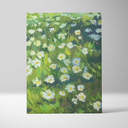 A vibrant daisy meadow canvas print with white and yellow flowers on green foliage in an impressionist painting style