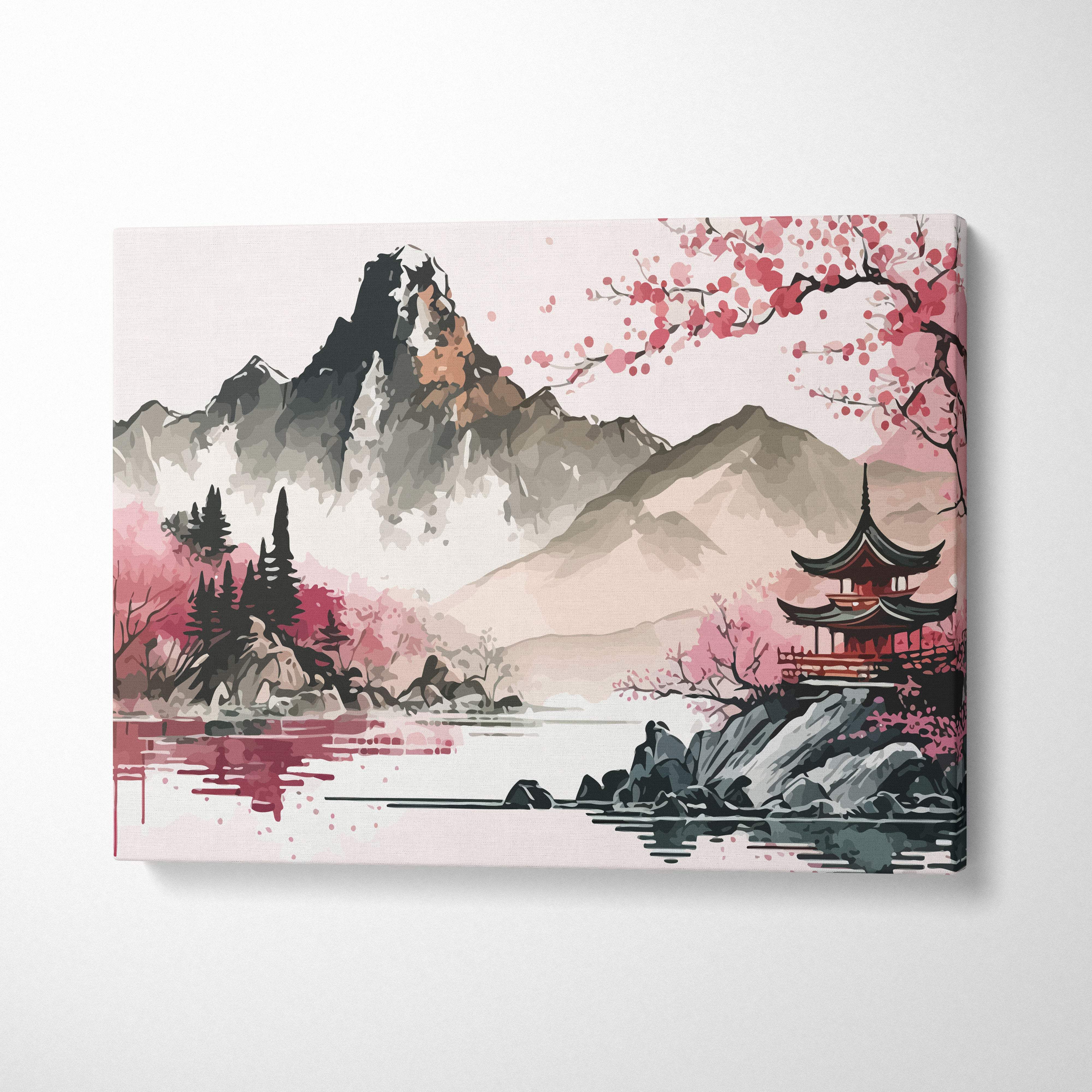 Rectangular canvas wall art featuring pink cherry blossoms and a red pagoda reflected in calm waters with misty mountains