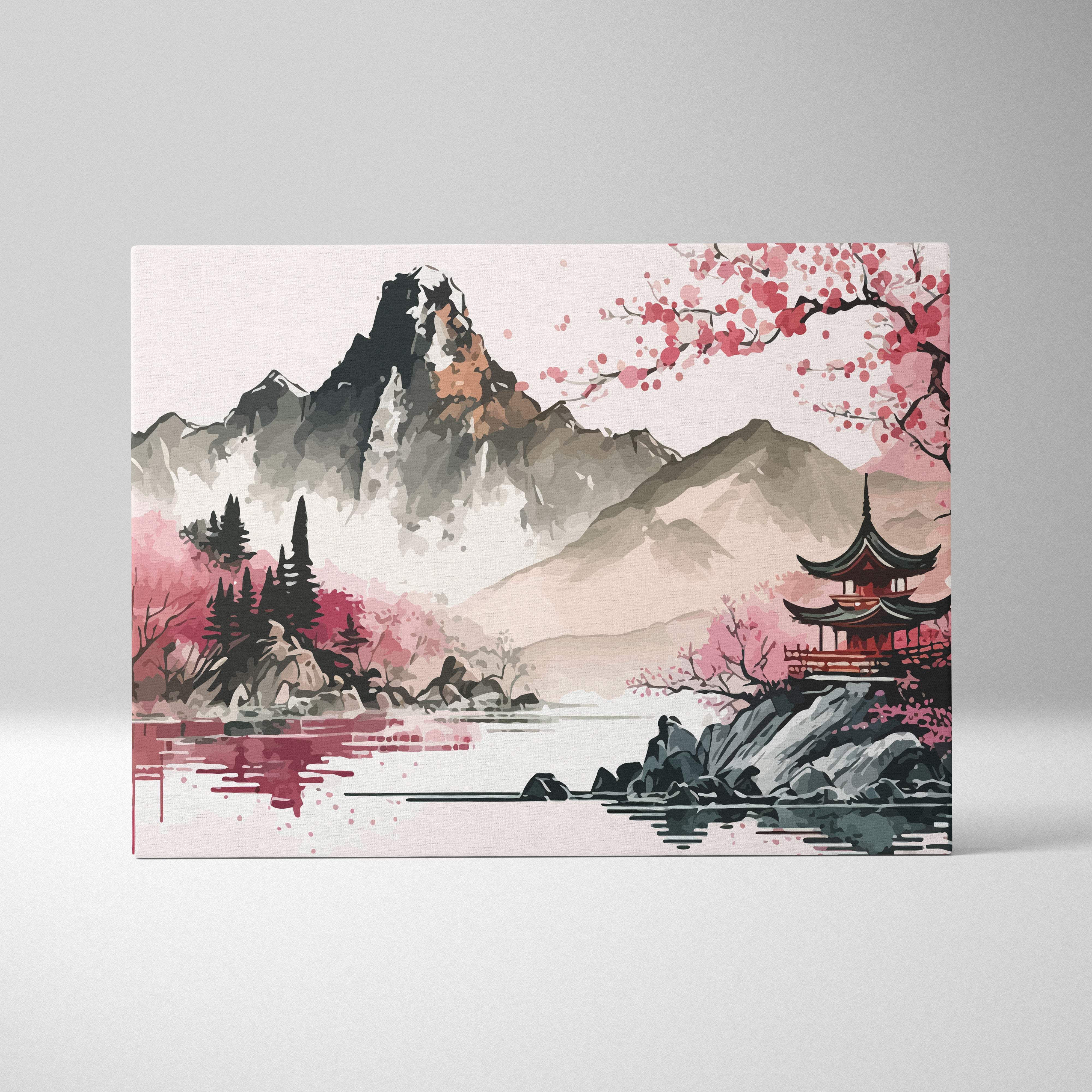 Cherry blossom pagoda canvas wall art featuring pink cherry blossoms misty mountains and red pagoda reflection in calm waters