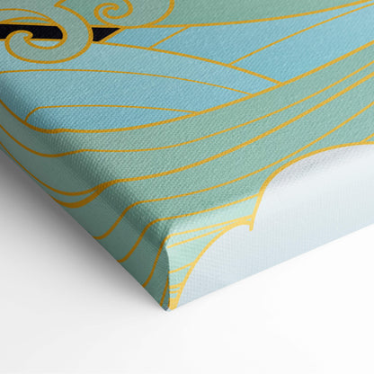Teal canvas wall art with elegant gold and black swirling line art flying crane wave design for living room decor