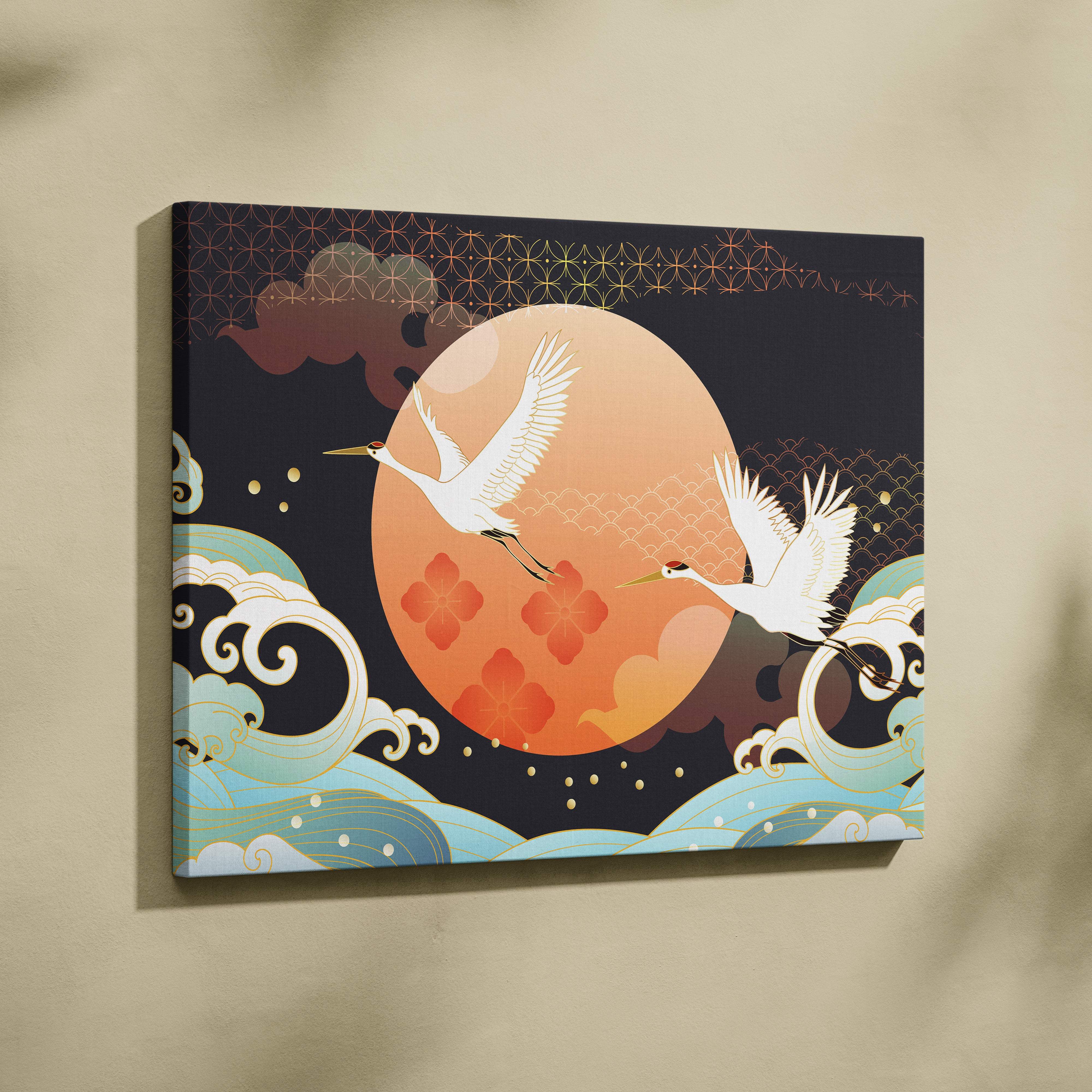 Rectangular canvas wall art featuring two white cranes in flight against an orange moon with turquoise waves and gold patterns