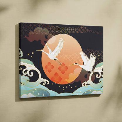 Rectangular canvas wall art featuring two white cranes in flight against an orange moon with turquoise waves and gold patterns