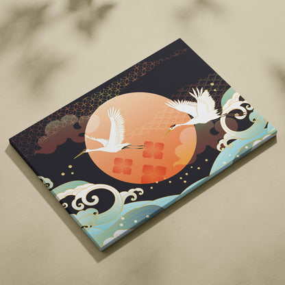 Rectangular canvas wall art featuring two white cranes flying against an orange moon with navy waves and gold patterns