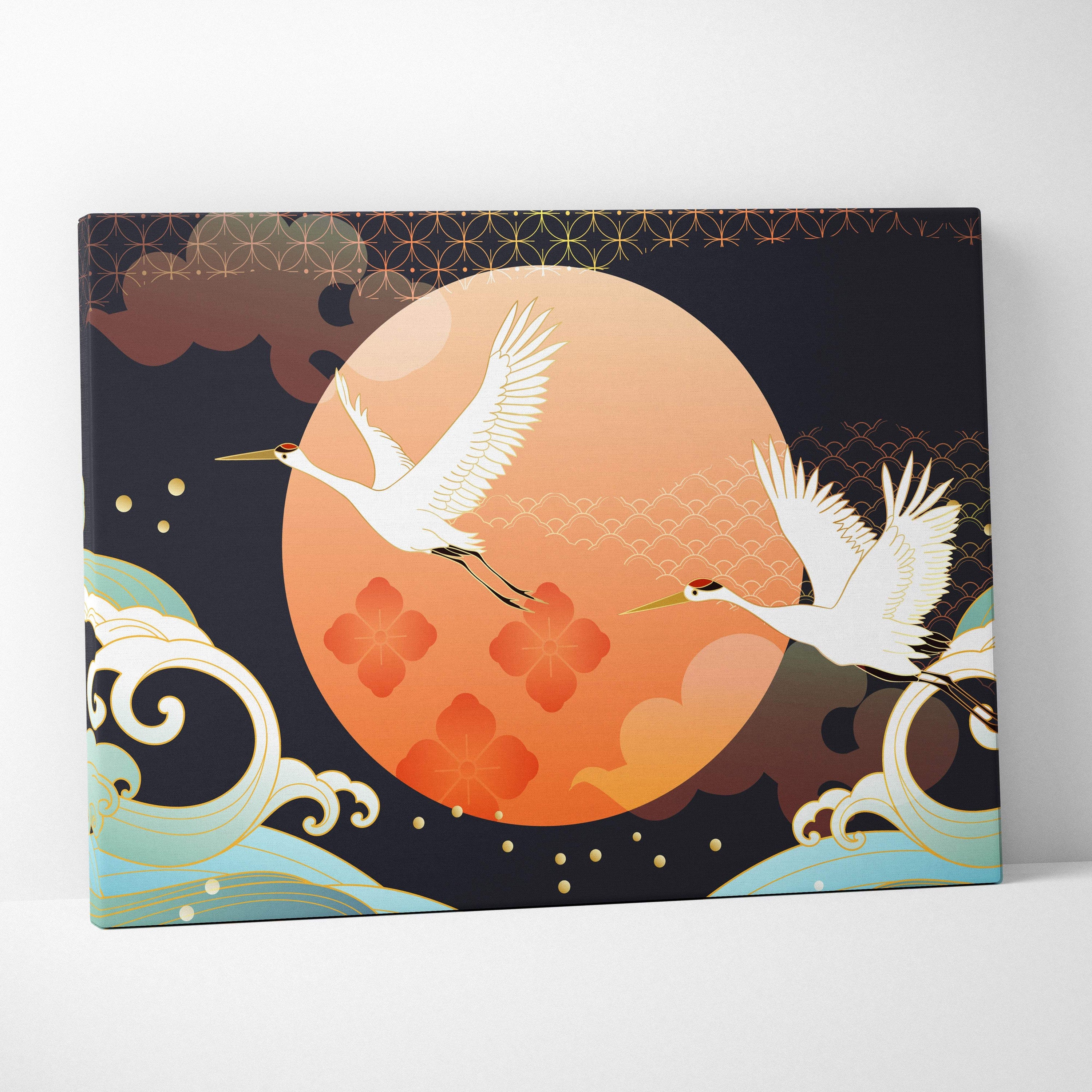 Rectangular canvas wall art featuring two white cranes in flight against an orange moon with gold waves and navy background