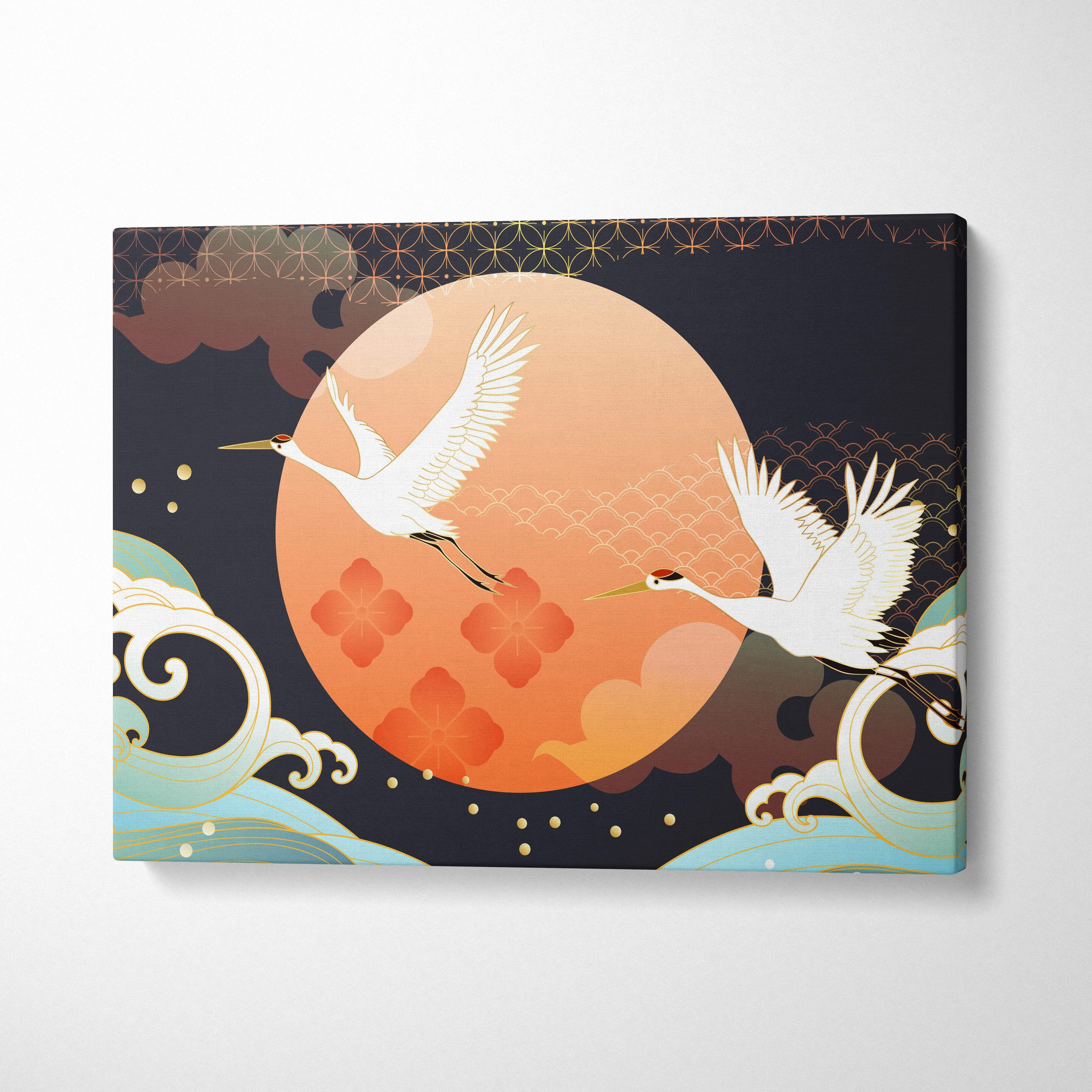 Rectangular canvas wall art featuring two white cranes flying against an orange moon with navy peach waves and gold patterns