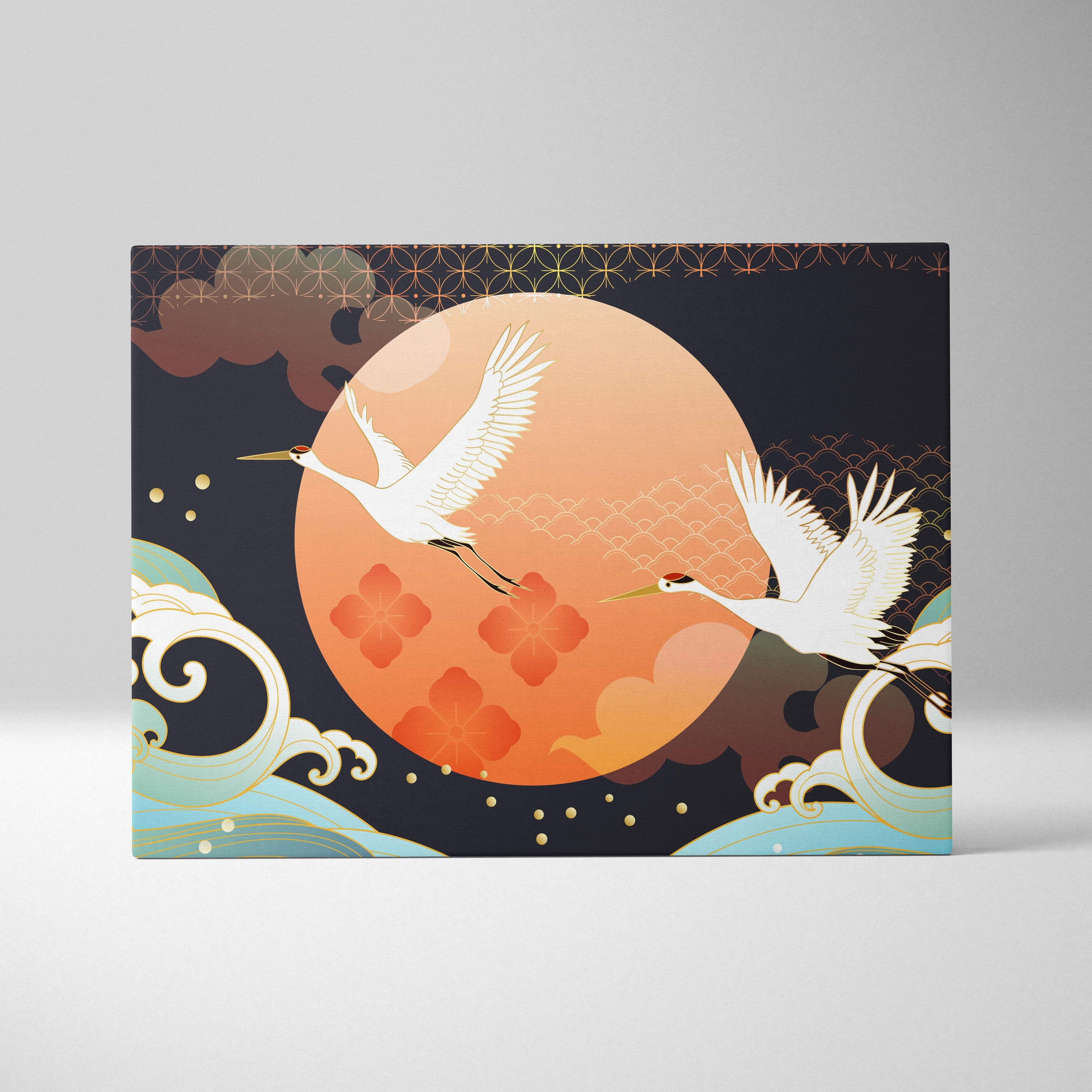 Rectangular canvas wall art featuring two white cranes flying over blue waves with an orange moon and gold patterns